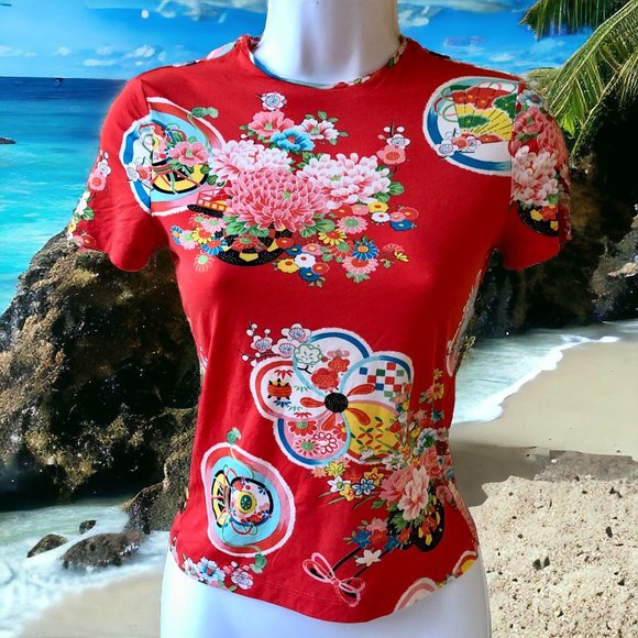 Vintage Floral Orange Short Sleeve Top Made in France Womens 31 Stretch … - Picture 10 of 10